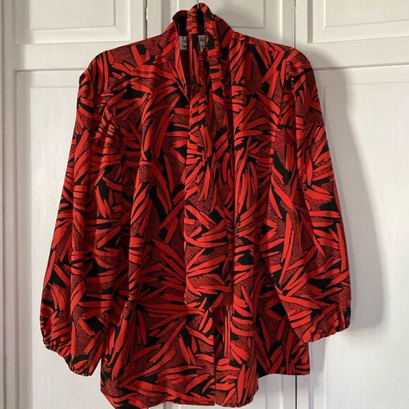 Vintage orange and black blouse.  Size 18.  Removable bow. - Picture 1 of 7